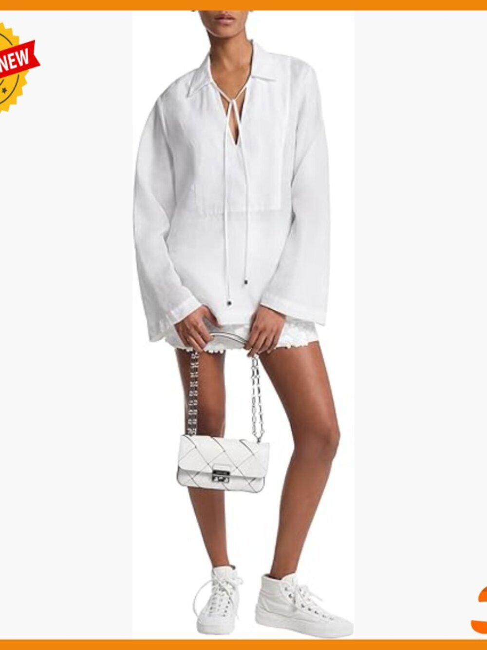Ramie V-Neck Tunic with Bell Sleeves and Tie-Neck Detail